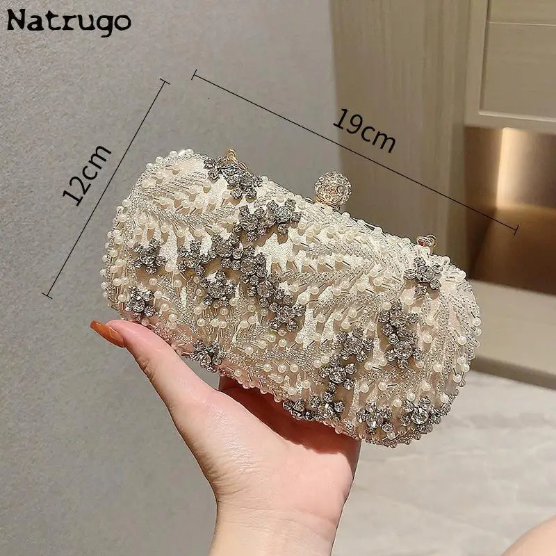 Sparkling Handmade Party Bag Flower Womens Crystal Pearl Clutch Evening Hollow Wedding Shoulder and Wallet 240806Z
