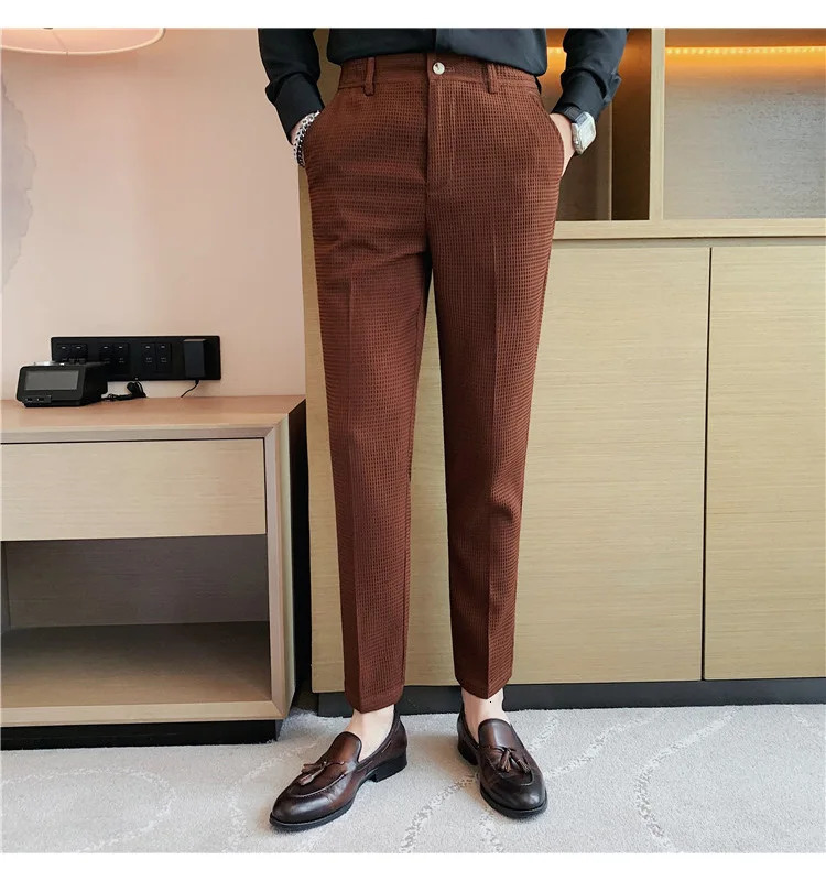 Fashion Business Casual Mens Pants Cropped Waffle Pattern Trend Spring Summer Trousers Dark Green White 2838 240806