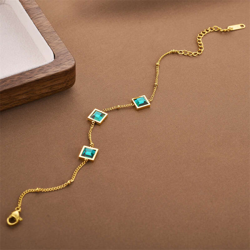 WoMen's or Men's Titanium Steel Bracelet with Diamond Beads, Square Design in 14K Gold Plated, Instagram Trend