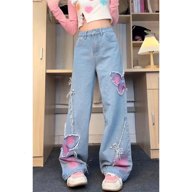 Womens Blue Butterfly Jeans Baggy Vintage Y2k Denim Trousers 2000s Harajuku Wide Leg Cowboy Pants Trashy 90s Aesthetic Clothes 240806