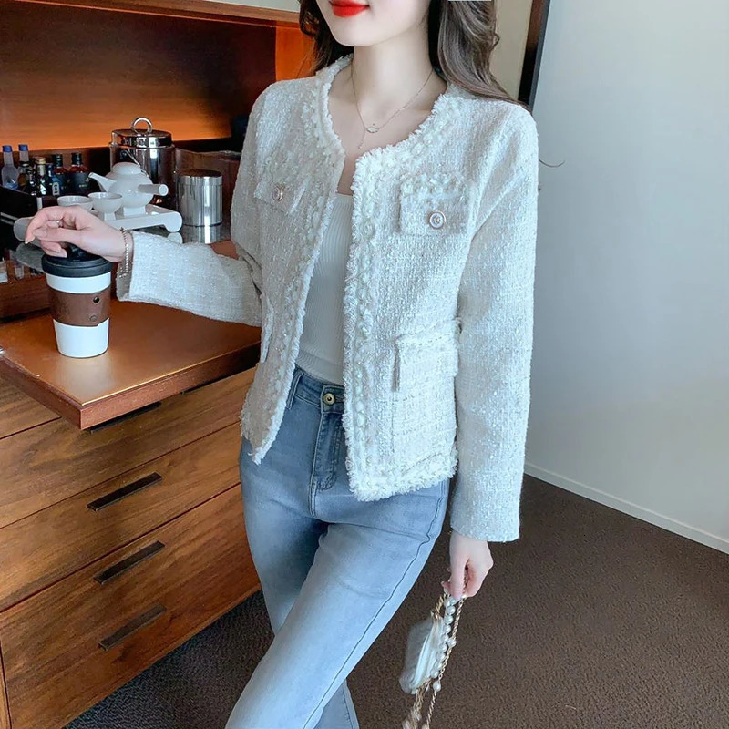 Hdspq Elegant Striped Cropped Jackets Women Autumn Long Sleeve Tweed Jacket Woman Korean Style O Neck Coats Outwear Ladies 240806
