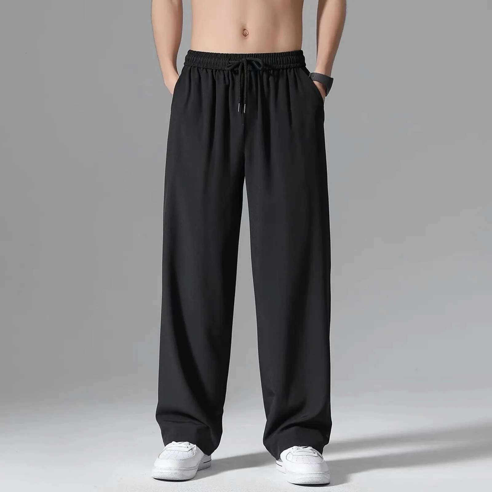 Ice Silk Men Joggers Sweatpants Y2k Streetwear Sportswear Jogging Gym Trousers Male Baggy Wide Leg Straight Pants 240806