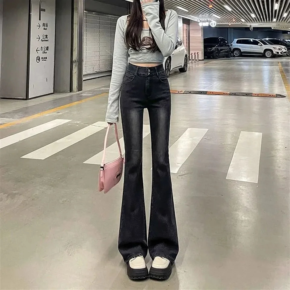 Fashion Skinny Bell Bottom High Waist Gray Denim Pants Women Flare Stretch Moustache Jeans Lady Classic Y2K Punk Long Trousers 240807