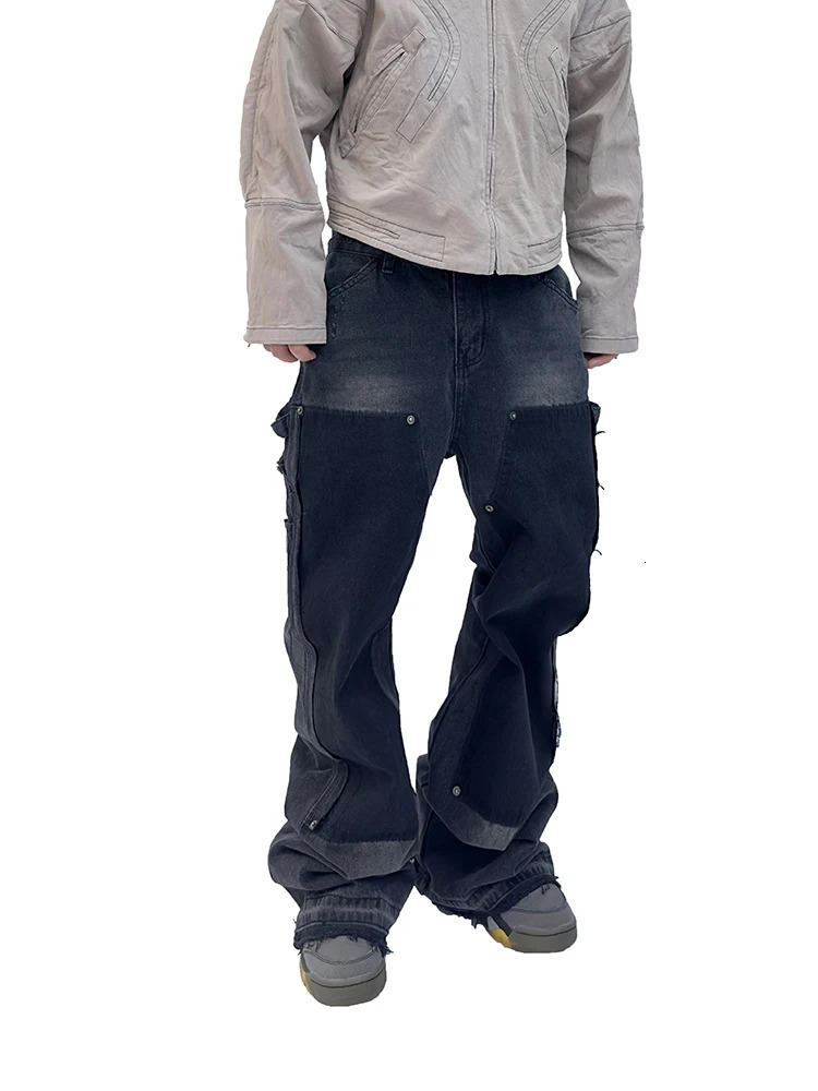 Techwear Style Niche Design Washed Distressed Rivet Destroyed Tassel Womens Lightly Flared Overalls Pocket Jeans Men Pants 240806