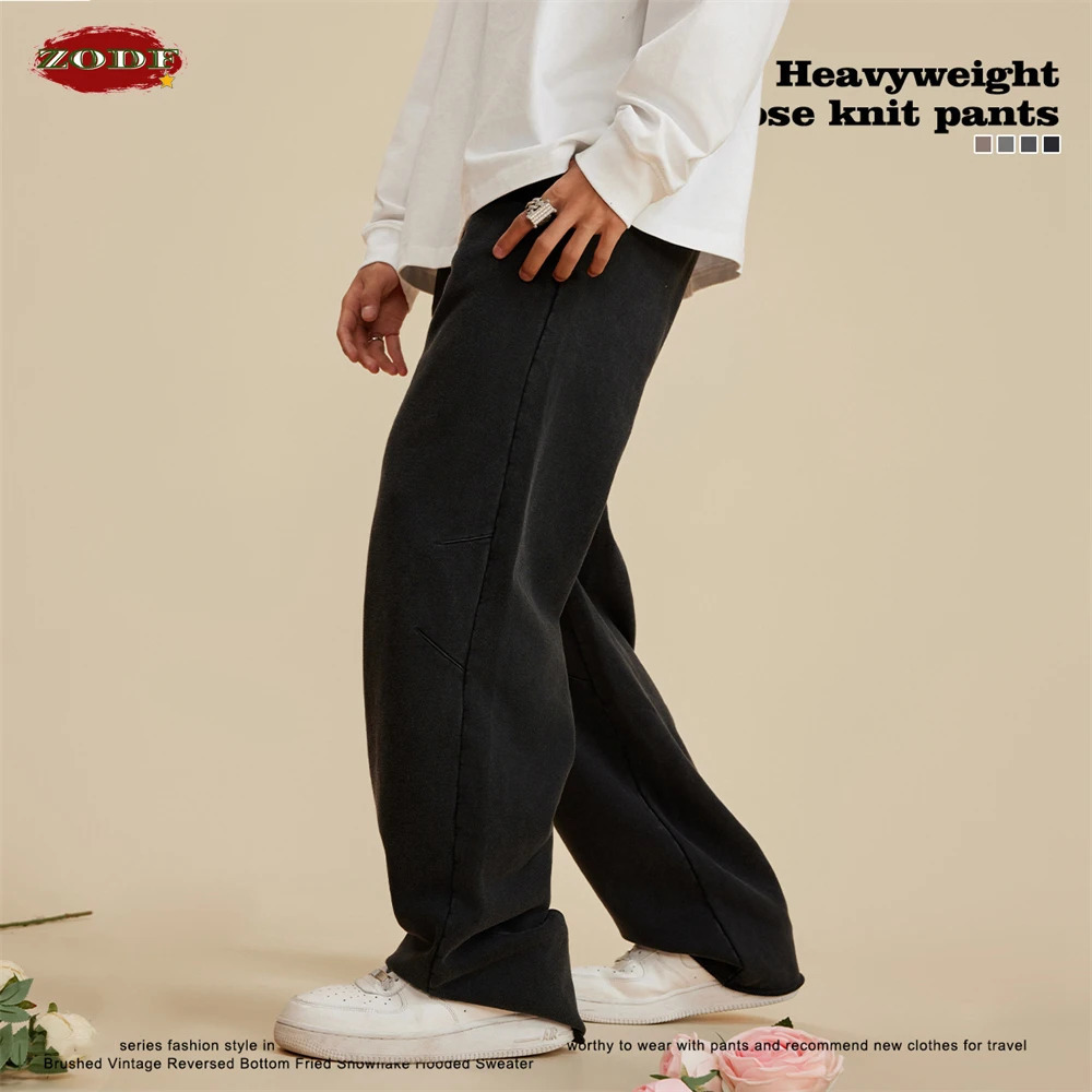 ZODF Men Washed 380gsm Cotton Pants Unisex High Street Oversized Loose Edge Straight Knitted Trousers Streetwear HY0608 240806