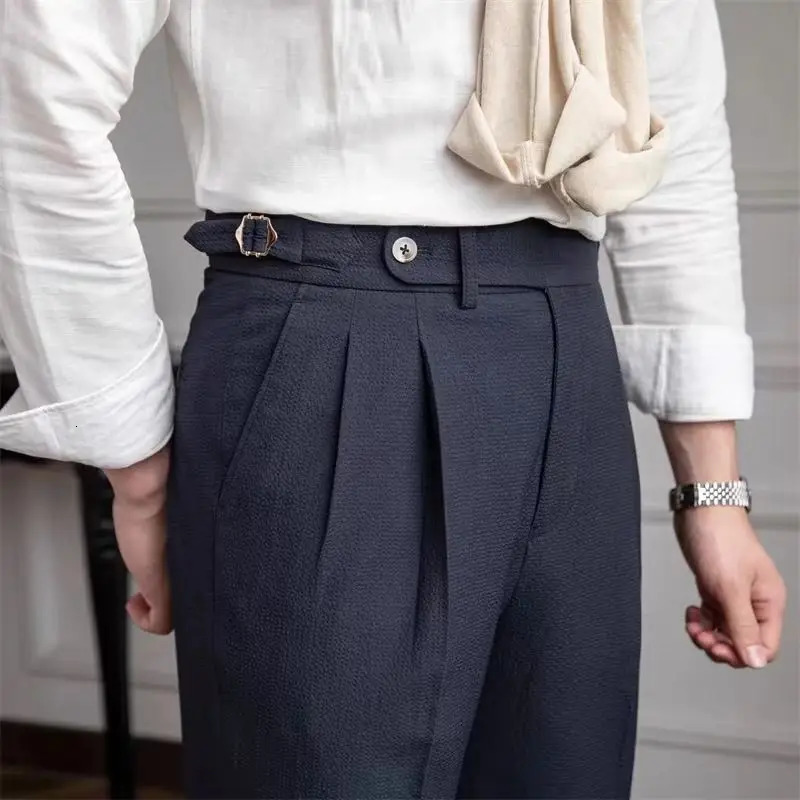 Seersucker Naples Suit Trousers Mens British Stylish Highwaisted Belt Design Straight Pants Summer Slim Business Casual 240806