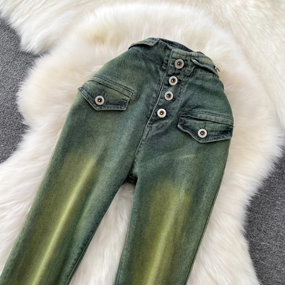 Women Jeans with Front Single Breasted Button Up Flare Pant Slight Bootcut Bell Bottom Denim Pants y2k Tie Dye Green Cloth 240807
