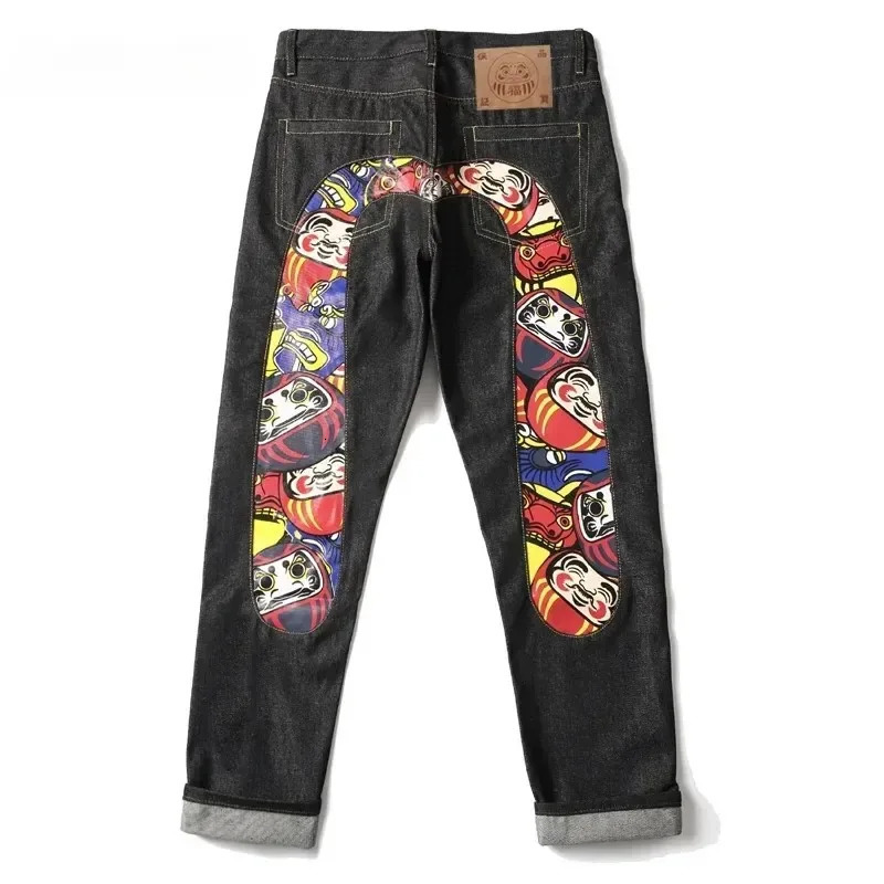 Japanese Hipster Retro Hiphop Fashion Print Jeans High Street Leisure Slim Straight Embroidery Y2k Stitching Trousers 240806