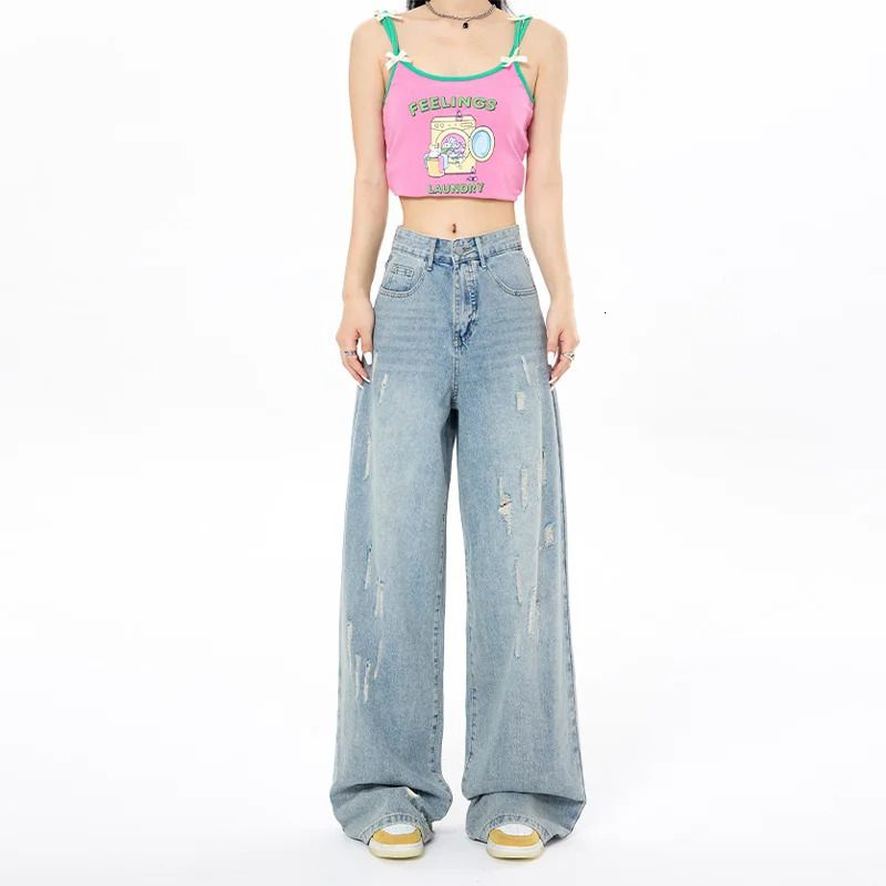 Vintage Washed Wide Leg Jeans For Women High Waisted Straight Leg Denim Pant Spring Summer Loose Pants Streetwear 240807
