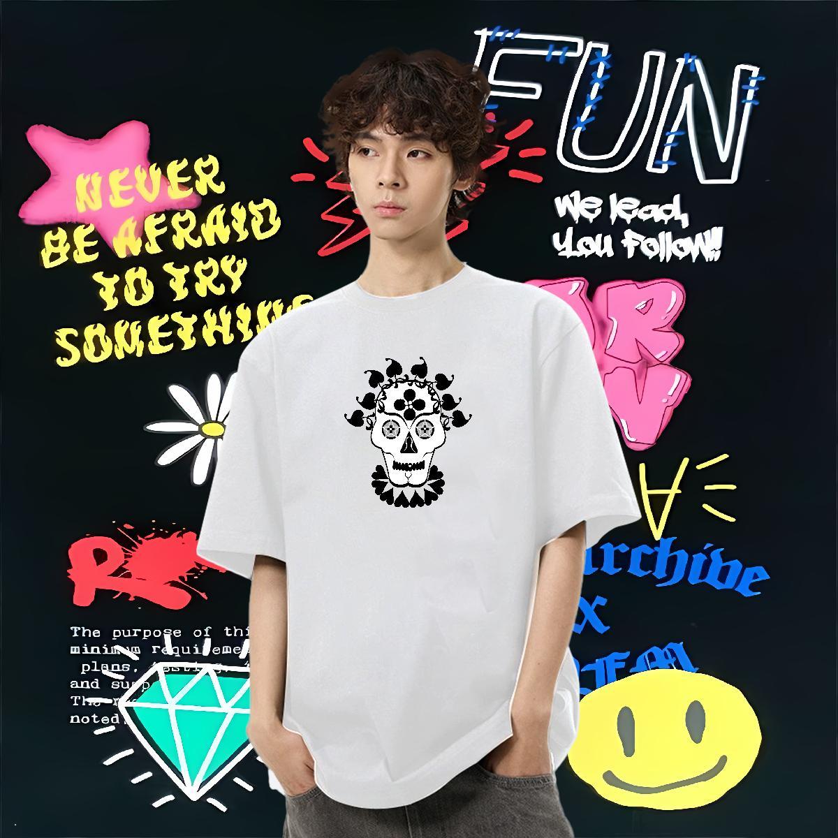 Factory Direct T-Shirts for Men skull Tops Tees 100% Cotton 230g Anime Printing Street Loose DIY Anime Round Neck Short Sleeve Men Tops Tees