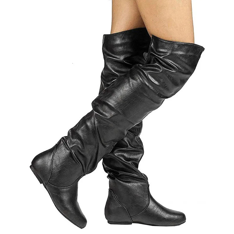 Lasyarrow Over The Knee Women Pu Elastic Boots Female Round Toe Concise Flat Shoes Autumn Winter Plus Size 48 240806 4