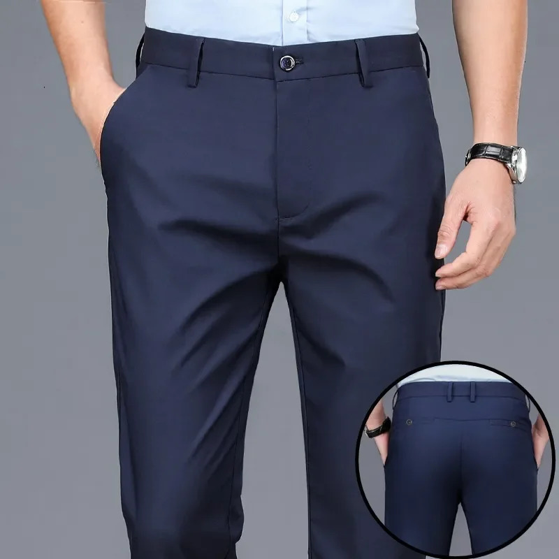 Mens Casual Straightleg Loosefit Pants Business Formal Summer Lightweight Ice Silk Trousers For Middleaged Men 240806