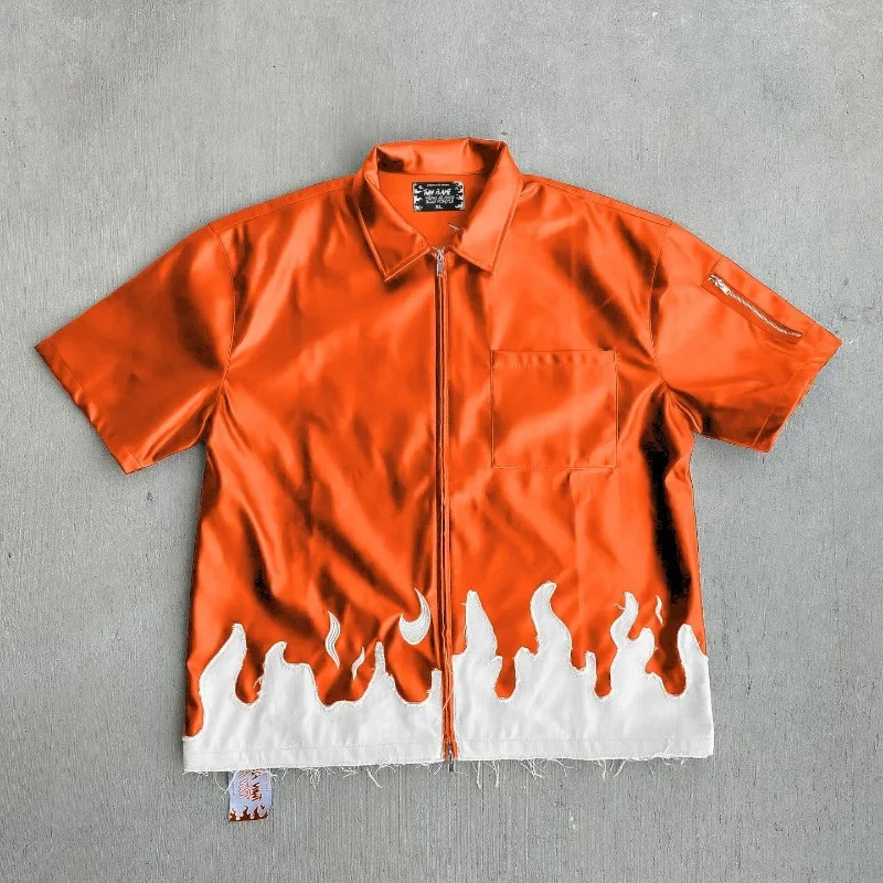 Summer Leather Short Sleeve Y2K VIntage Harajuku Fashion T-shirt Mens Street Hip Hop Casual Collar Zipper T-shirt Top 240807