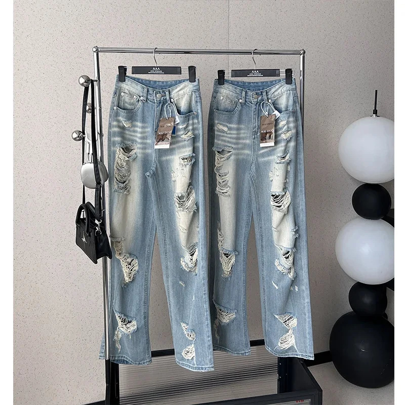 Womens Y2k Ripped Jeans Harajuku 90s Aesthetic Baggy Denim Trousers Vintage Jean Pants Japanese 2000s Style Trashy Clothes 240807
