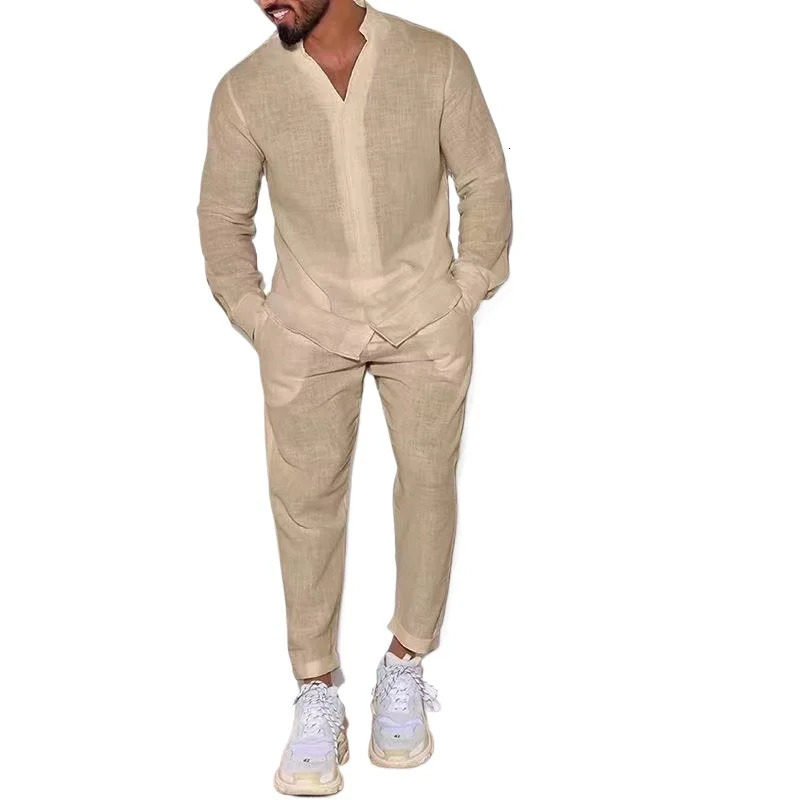 Mens Linen Spring and Autumn Suit Casual Long-sleeved Shirt Fashion Cargo Pants Sports Two-piece Set 240806