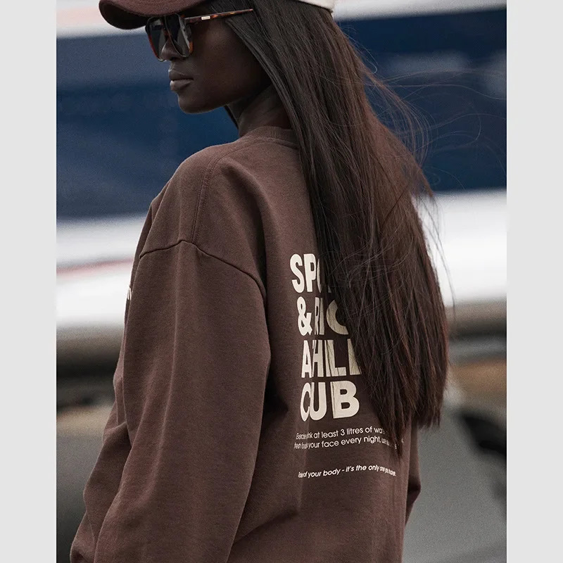 Spring North American Niche Sporty Rich Front And Back Letter Printed Fleece Round Neck Womens Hoodie 240806