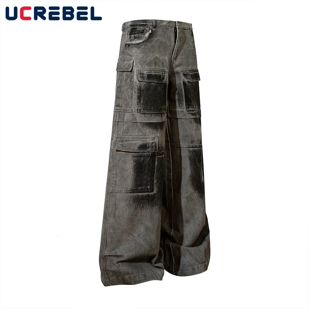 MultiPocket Cargo Trousers Mens Washed Distressed High Street Loose Straight Wide Leg Pants Men 240806