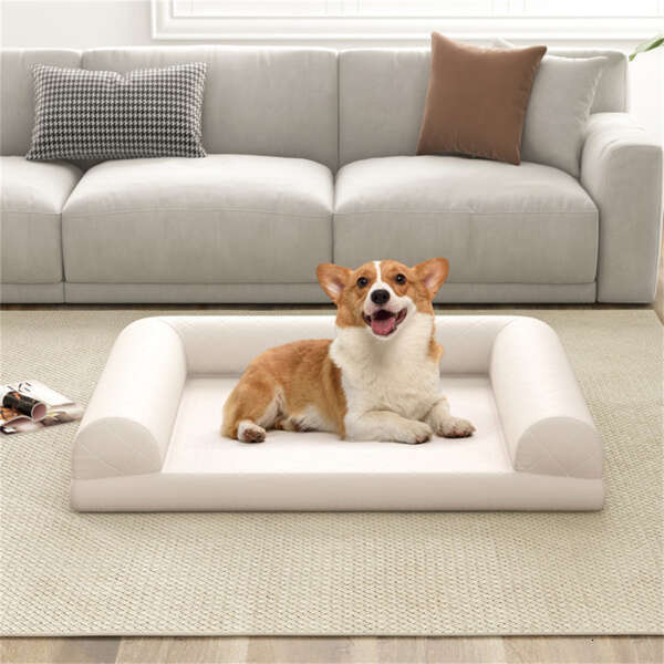 36 inch orthopedic egg foam dog box bed, three side pillow and removable washable bedspread, beige