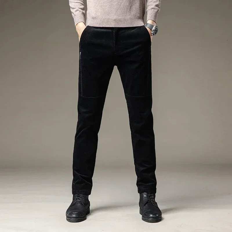 Winter Fleece Warm Corduroy Pants Men Stretch Thick Elastic Waist Fluff Pant Korean Classic Brown Trousers Male Clothing 240806
