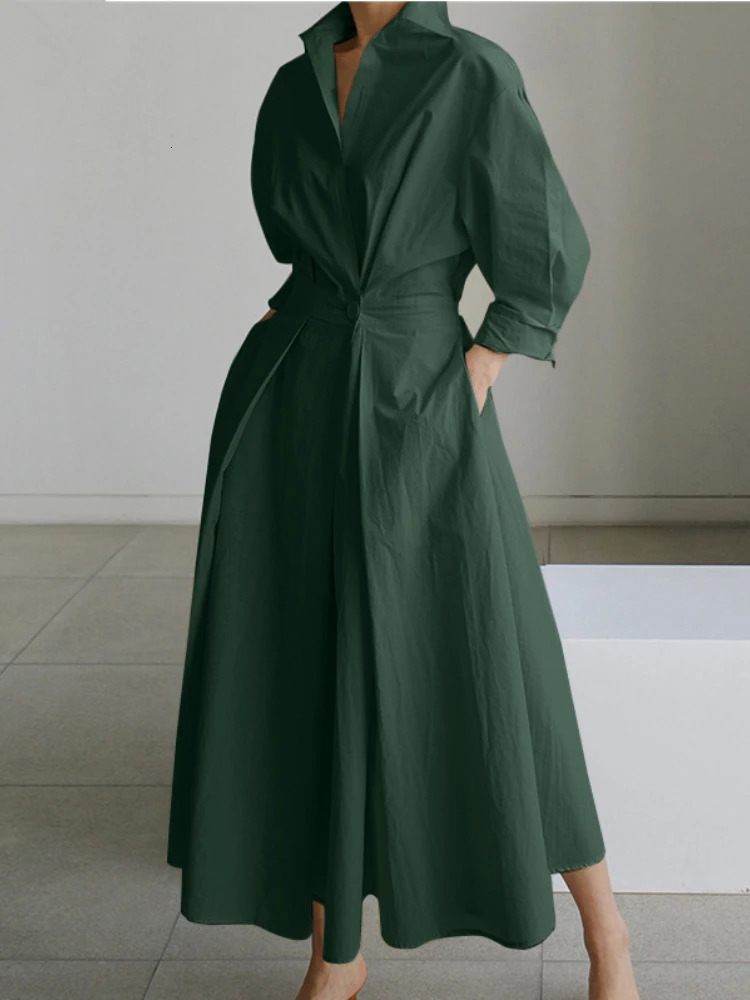 S-5XL Korean Fashion Long Sleeve Shirt Dress Chic Turndown Neck Ruched Maxi Dress Women Autumn Winter Clothes Streetwear 240816