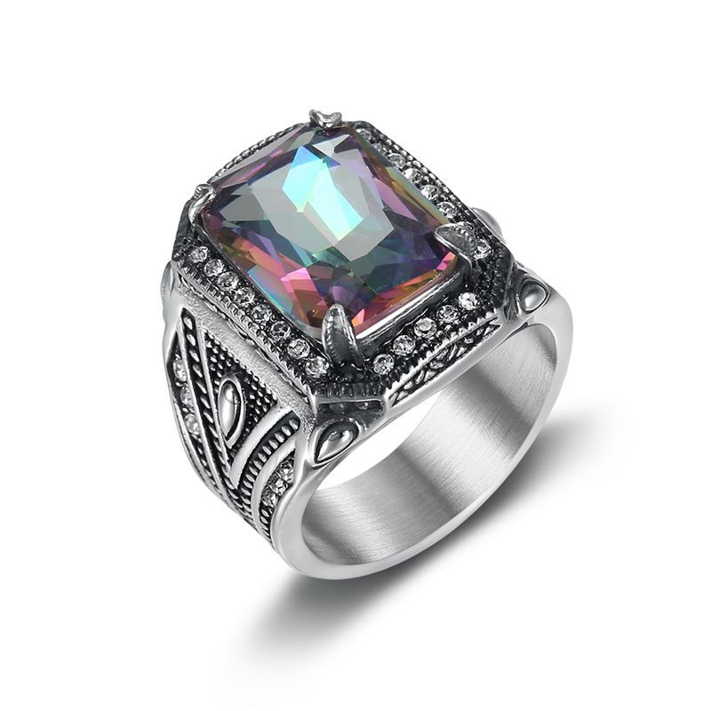 Retro Punk Casting Ring Iced Colorful Rhinestone Titanium Steel Mens Jewelry