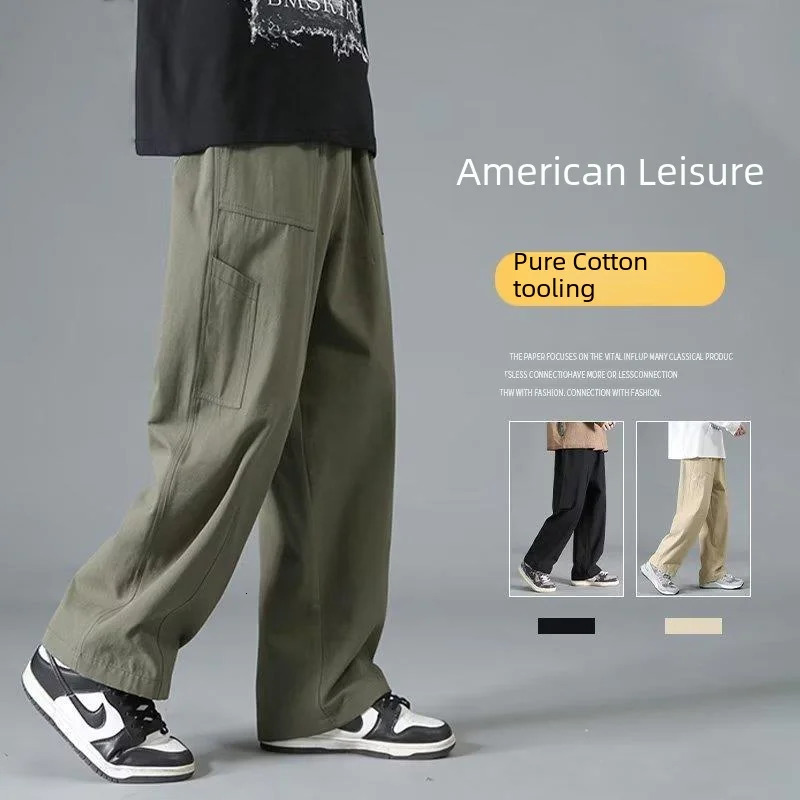 Japanese Style Cotton Cargo Pants For Men Loose Fit Straight Leg American Trendy Casual Wide Spring Autumn 240806