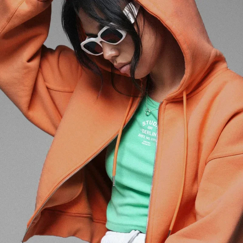 2024 fashion streetwear neon green sportswear casual cotton zipper long sleeved top solid navy blue drawstring cut hooded women240806