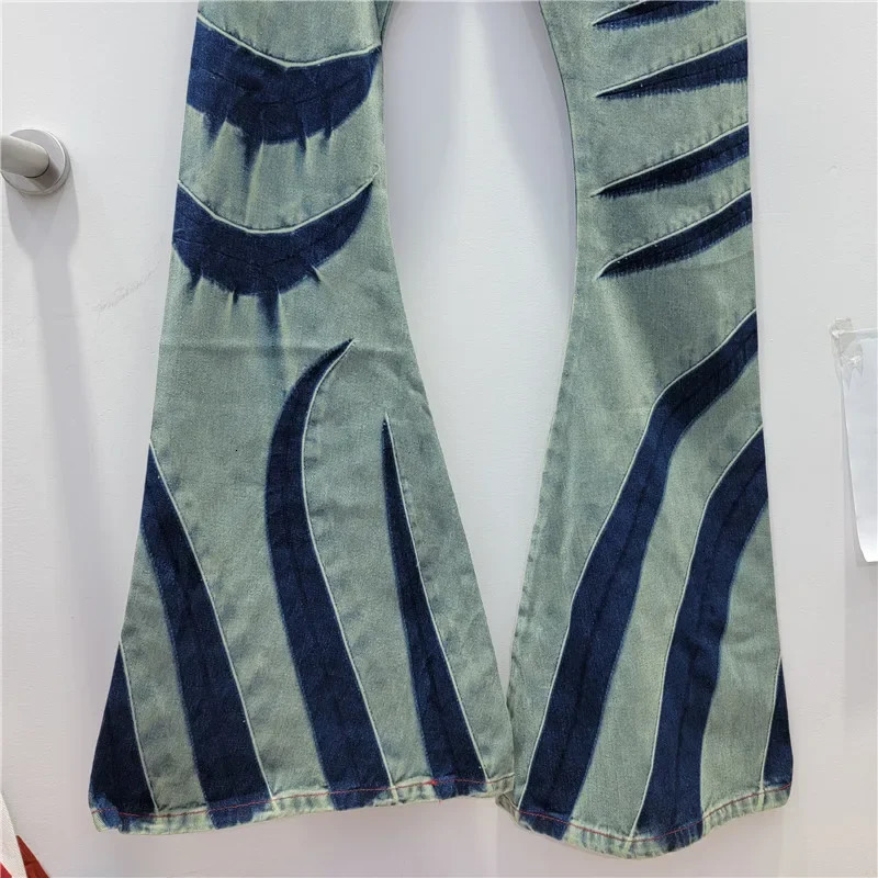Women Pantalones Fall Waist Split Hollow Out Color Contrast Patchwork Jeans Street Girl Denim Bell-Bottom Pants Y2k 240807