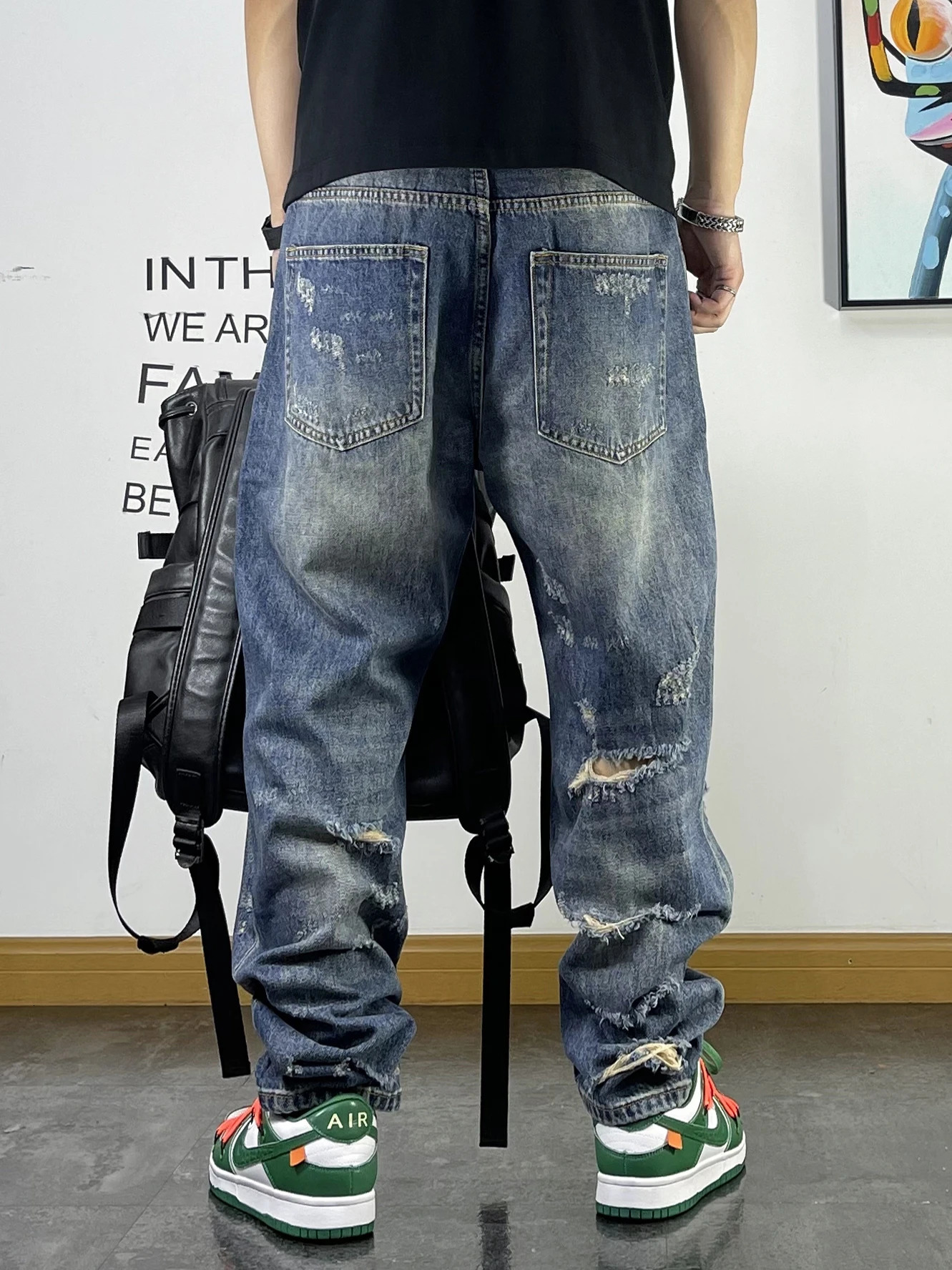 American streetwear open top jeans mens clothing Japanese Haruku casual bag hiphop beggar straight pants 240830