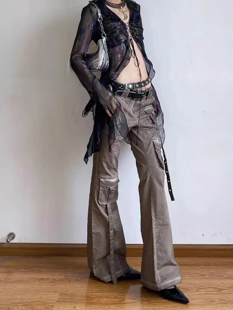 American Vintage Bell Bottom Jeans Women Y2k Grunge High Waist Flare Pants Spring Pocket Loose Wide Leg 240807