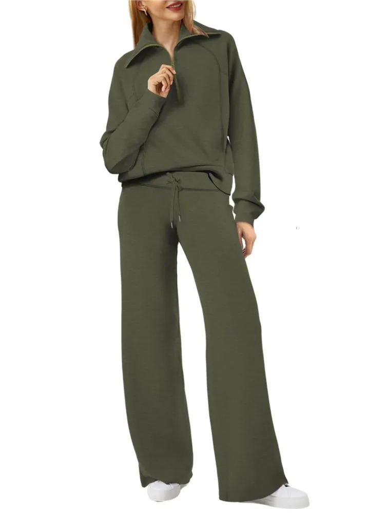 Women Autumn Winter Casual Sports Suit Fashionable Zipper Long Sleeved Sweatshirt With Tie Up Waist Wide Leg Pants Two-piece Set 240807