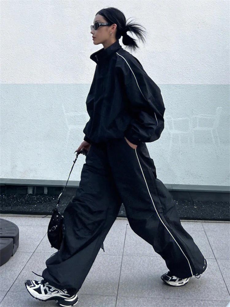 Vintage Black Pants Sets Women Y2K Streetwear Jacket Oversize Wide Leg Track Trousers Gorpcore Two Piece Set Tracksuit 240807