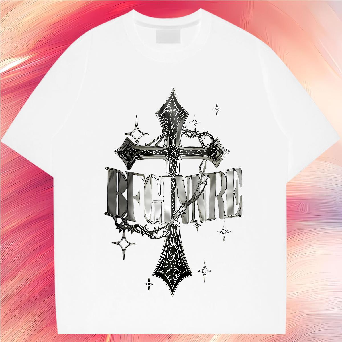 Custom T Shirts Men cross Tops Tees 100% Cotton 230g Daily Outfit Cool DIY Printed Breathable Crew Neck Men Tees