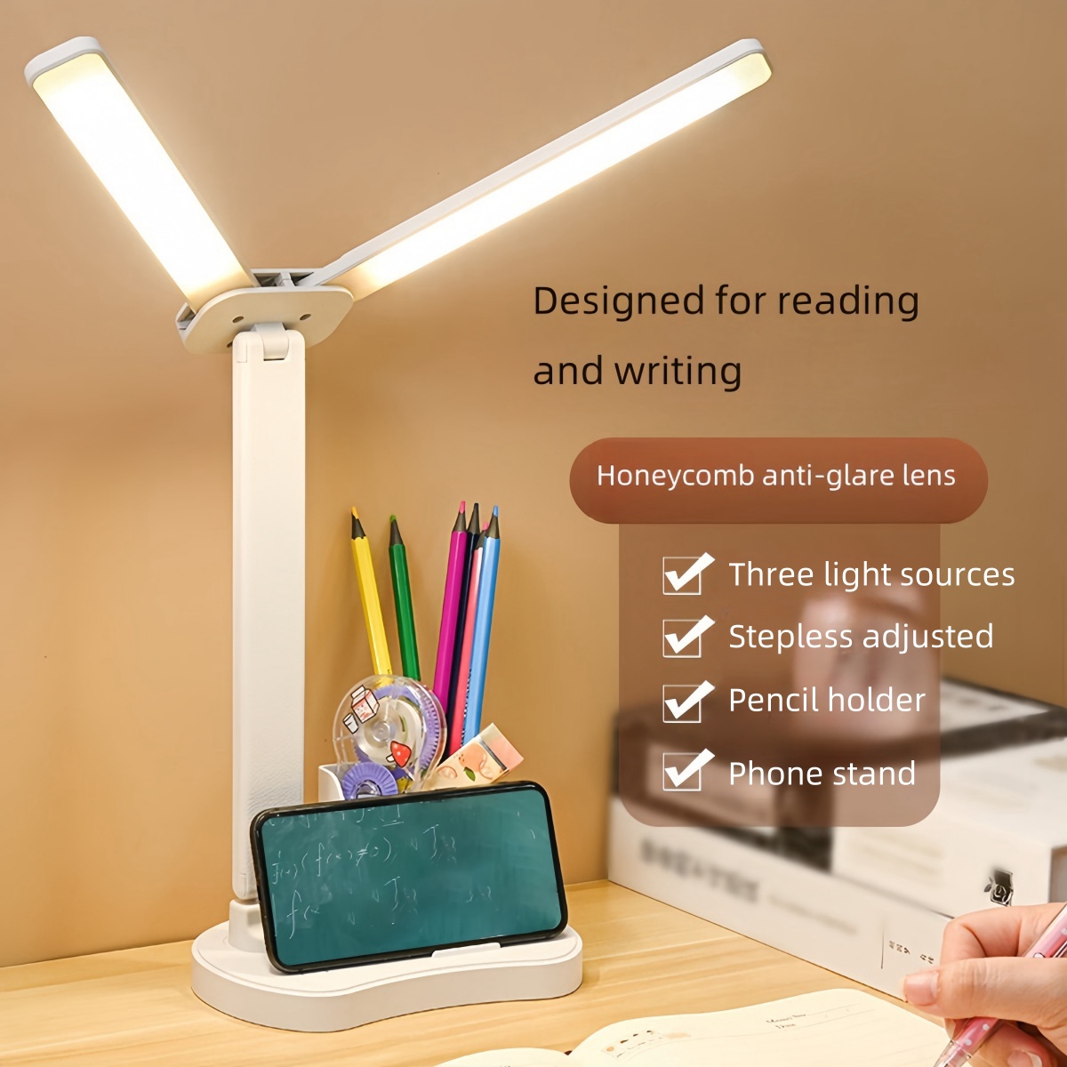 Dual Function Desk Lamp with Eye Protection - Charging & Plugging Options, Three Light Modes with Infinite Dimming Control
