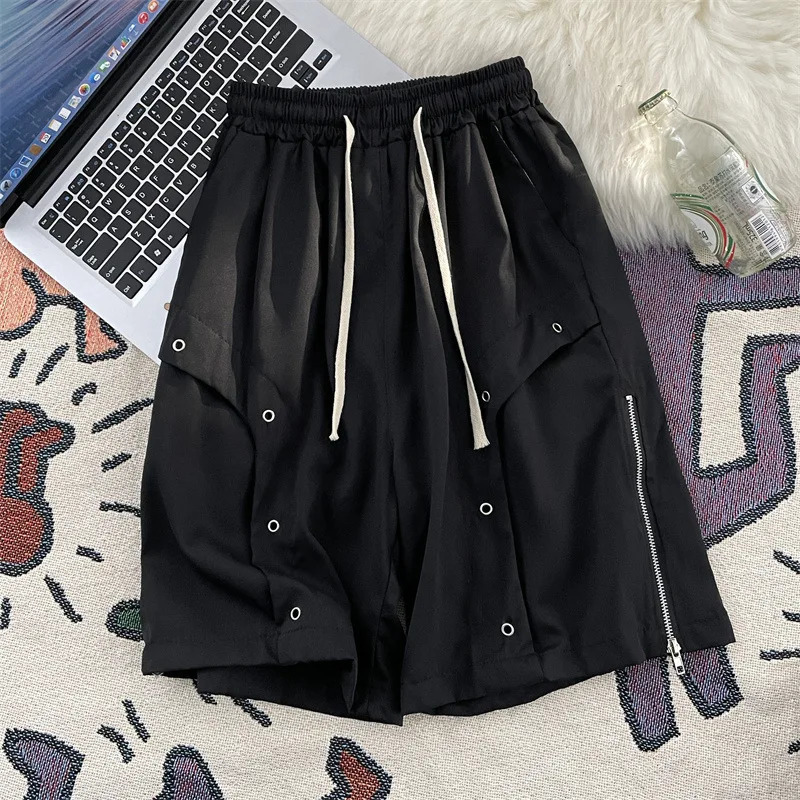 Summer Mens Casual Shorts Side Zipper Cargo Shorts Male Sports Casual Shorts Solid Drawstring Elastic Waist Knee Length Pants 240807