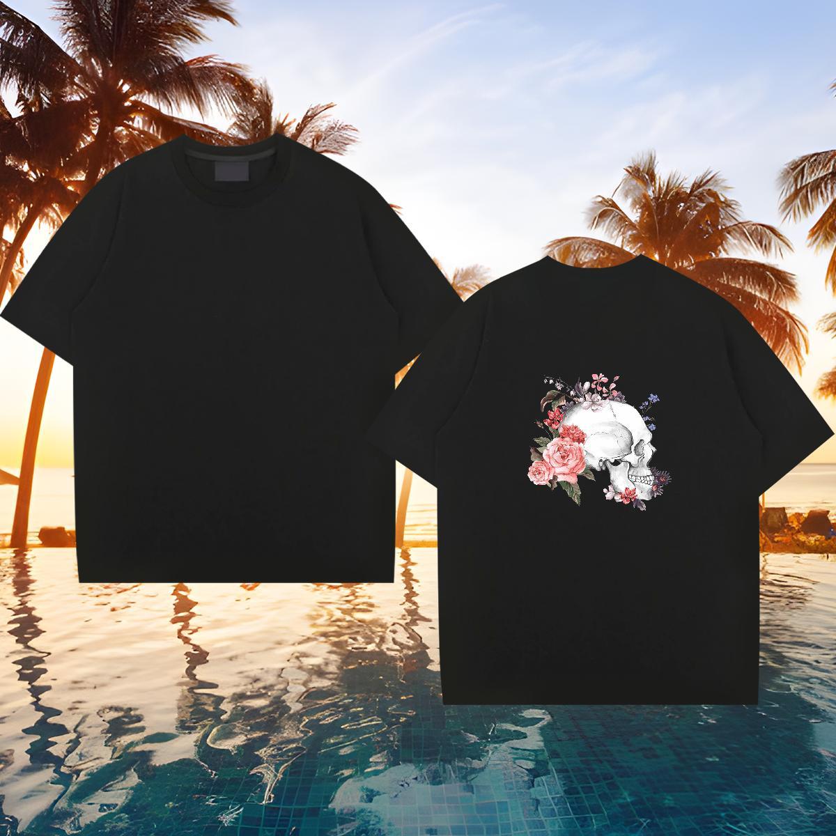 Fashion New T Shirt For Man flower Clothings 230g Pure Cotton Street Casual Cool Skull Breathable Men Tshirts