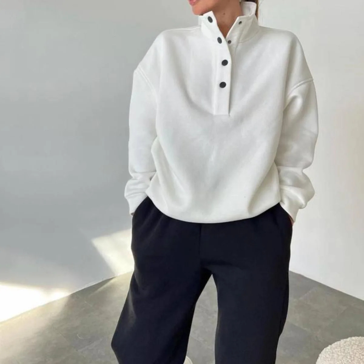 Womens Stand Collar Snap-fastener Tracksuit Autumn Winter Fashion Solid Pants Sets Casual Loose Long Sleeve Women Outfit 240807