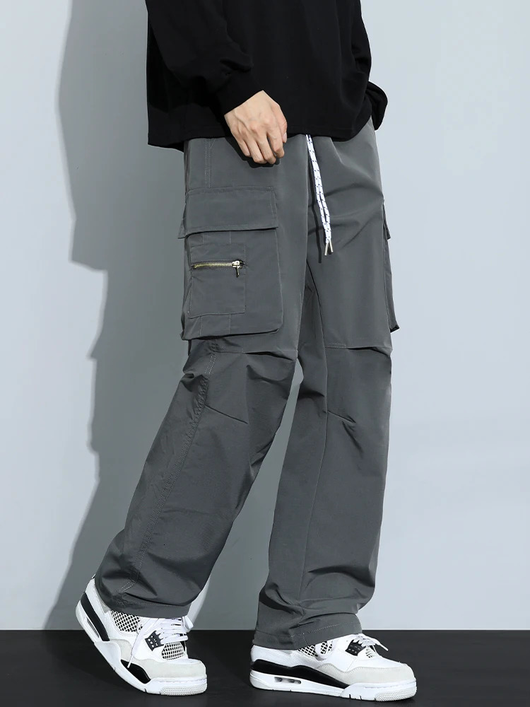 Spring Autumn Mens Cargo Pants String Banding Multi-Pockets Casual Baggy Pants Y2K Sweatpants High Street Straight Trousers 240807