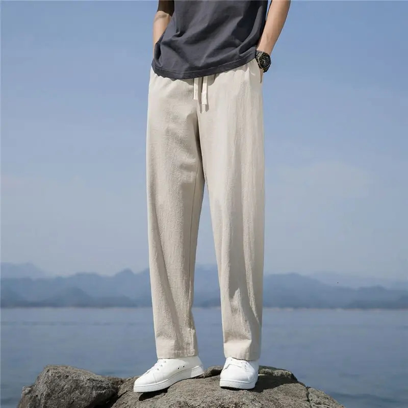 Spring Autumn Fashion Cotton Hemp Solid Color Elastic Mens Clothing Waist Casual Pocket Drawstring Simplicity Straight Pant 240806