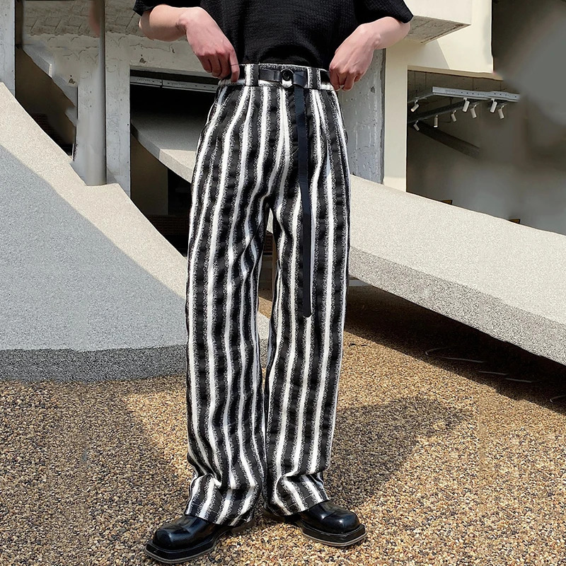 PFNW Chic Male Causal Trousers Belt Design Personality Washed Stripe Pockets Mens Wide Leg Pants Trend Spring 9C4001 240806