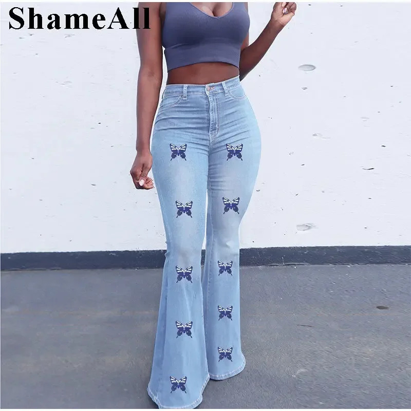 Plus Size Butter Fly Print Indie Aesthetic Flare Jeans 5XL Vintage Y2K Stretchy Skinny Melody Denim Pants Wide Leg Bell Bottoms 240807