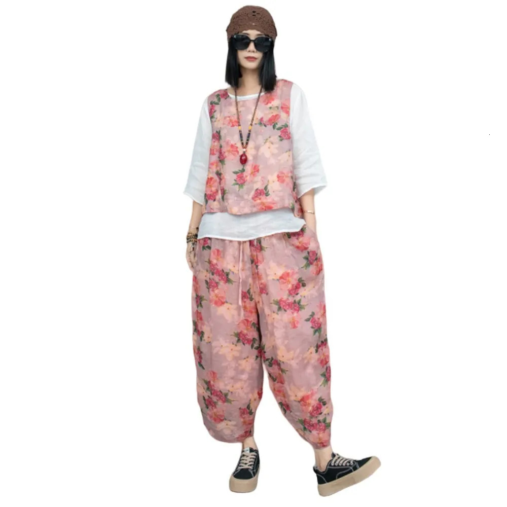 Chinese Style Floral Ramie Round Neck Vest Pant Two-piece Set Women Summer Lightweight Cool Fashion Pant Set ZF098 240807