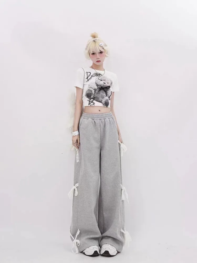 HOUZHOU Y2k Kawaii Sweet High Waist Wide Leg Pants Korean Style Fashion Streetwear Bow Bandage Loose Sweatpant Soft Gril 240807
