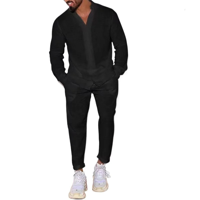 Mens Linen Spring and Autumn Suit Casual Long-sleeved Shirt Fashion Cargo Pants Sports Two-piece Set 240806