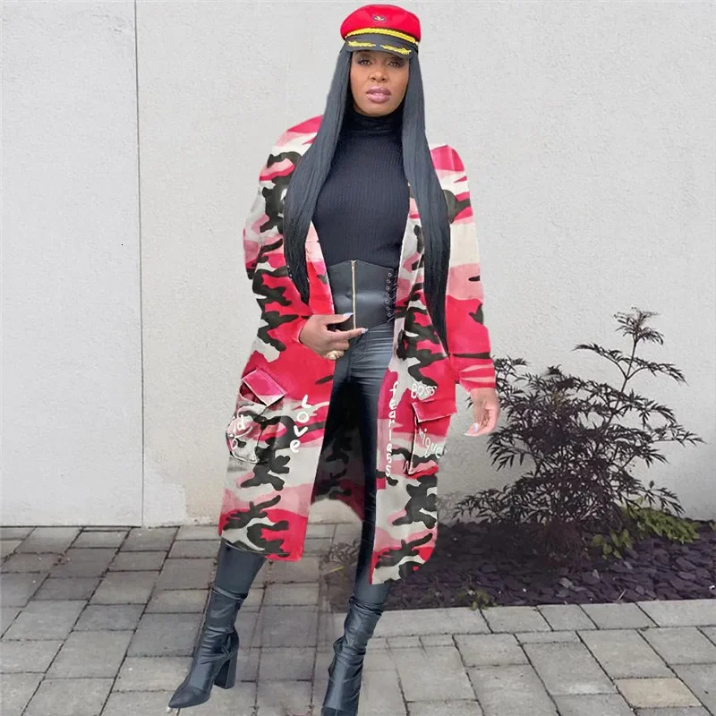 Camouflage Trench Jacket Women Plus Size Clothing Letter Print Coat Streetwear Long Style Crop Top Wholesale Drop 240807