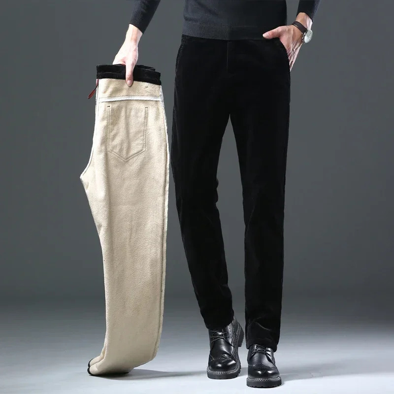 Winter Mens Corduroy Fleece Casual Pants Thick Warm Classic Fashion Straight Plush Velvet Trousers Male Clothing 240806
