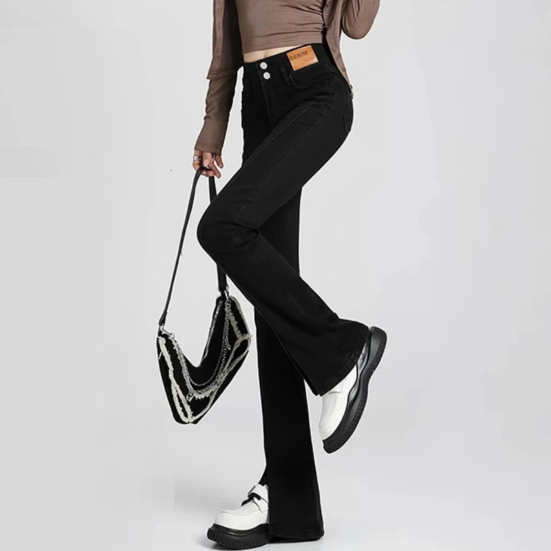 Woman High Waist Trashy Y2k Clothes Slit Bell Bottom Jeans Girls Fashion Baggy Flare Pants Lady Slim Fit Black Denim Trousers 240807