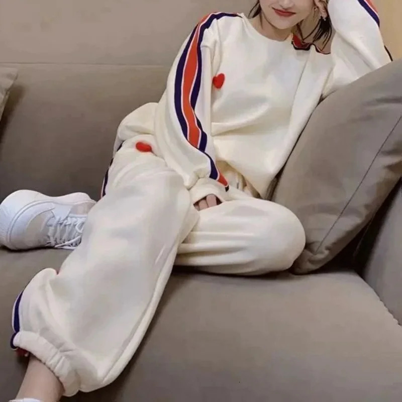 2 Piece Harajuku Women Casual Sports Striped Pant Sets Spring Autumn Preppy Style Embroidered Love Loose Korean Fashion Top Suit 240807