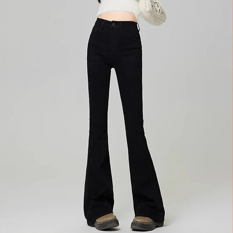 Woman Korean High Waist Grunge Flare Jeans Girls Fashion Y2k Bell Bottom Pants Female Blue Black Gray Streetwear Denim Trousers 240807