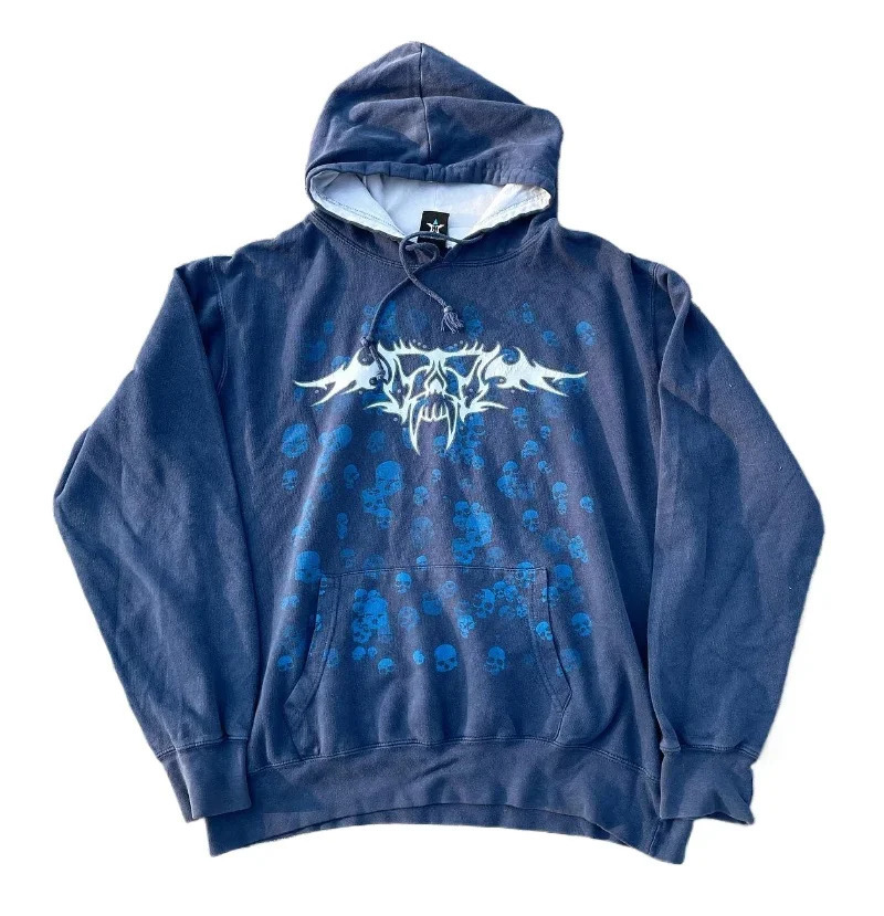 Street Gothic Print Hoodies Men Y2K Harajuku Hip Hop Retro Fleece Padded Sweatshirt Couple Casual Loose Joker Hooded 240806